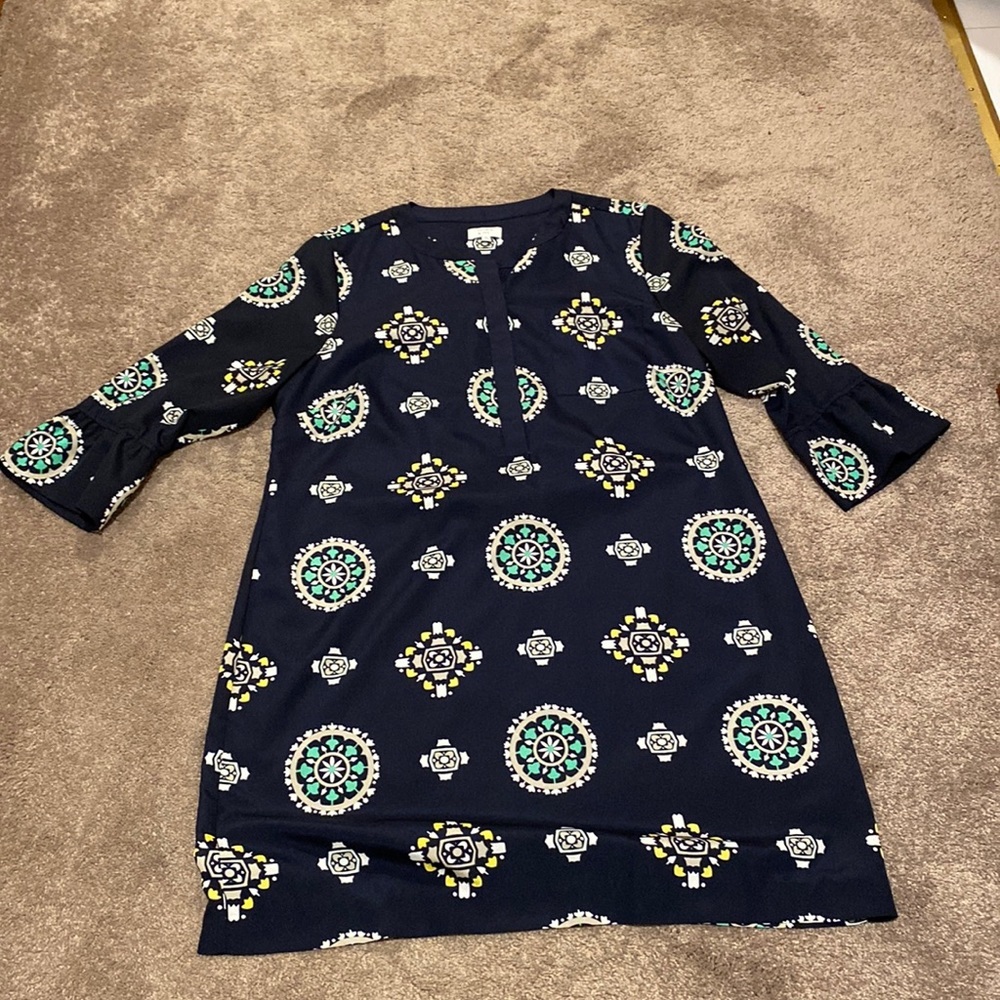 Crown & Ivy Navy Medallion Print Shift Dress Long Sleeve Keyhole Casual SIZE 14